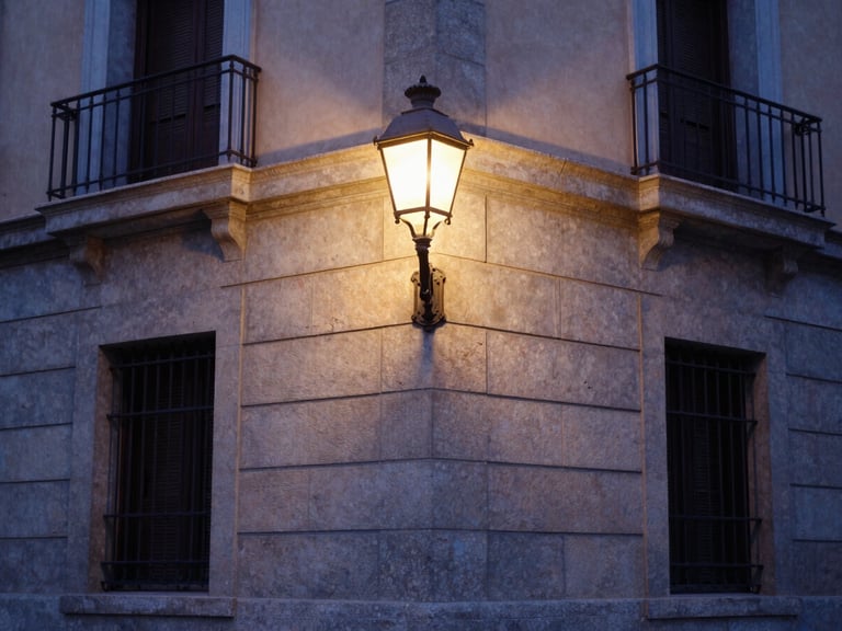 Quiet neighborhood corner in Madrid at dusk, elegant street lamp lighting up a stone facade, soft deep indigo and warm sand-beige tones
