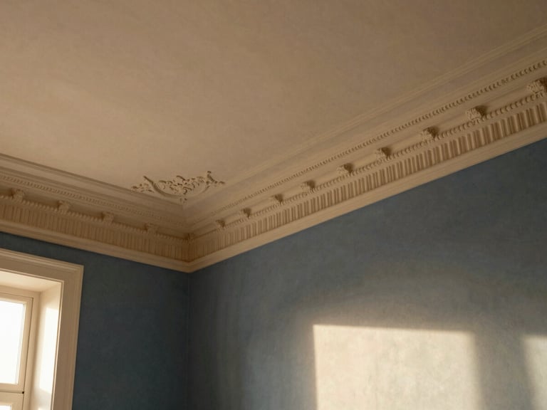 Detail shot of a renovated historic apartment ceiling with restored plaster moldings, warm golden hour sun, soft linen textures, architectural digest style