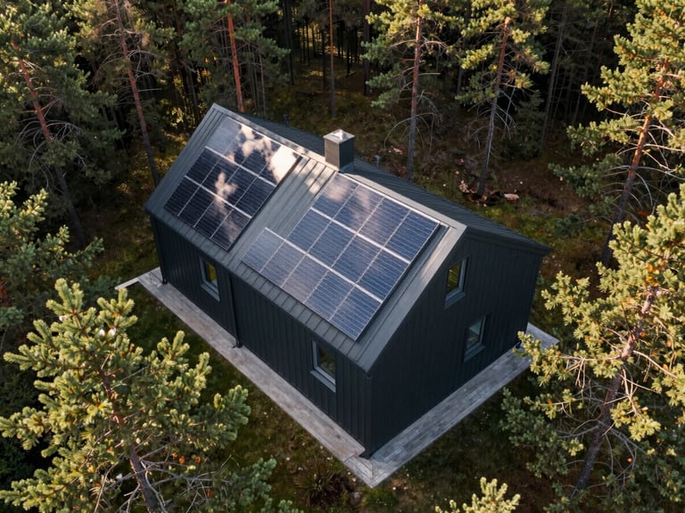 Wide environmental drone shot of a modern Scandinavian-style house with a clean, moss-free dark grey metal roof, parallel solar panels reflecting crisp morning sun, surrounded by Latvian pine trees.