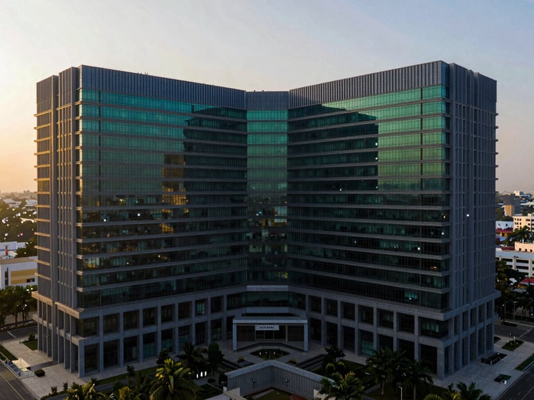 Wide environmental shot of a modern architectural corporate headquarters in Bengaluru during golden hour, clean geometric lines, high-contrast shadows, 35mm photography