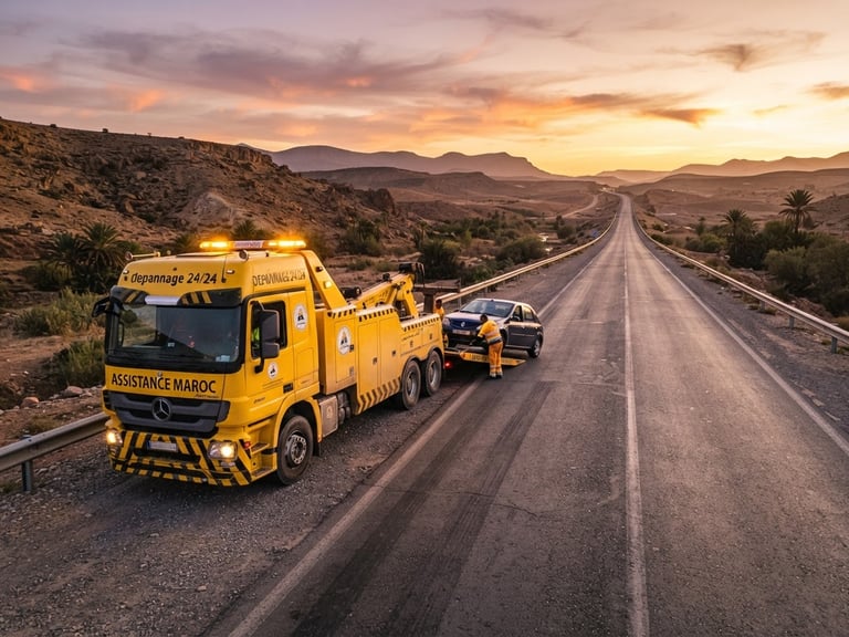 Dramatic environmental shot of a yellow tow truck parked on a Moroccan highway shoulder during golden hour, long shadows, clear highway stretching into the distance