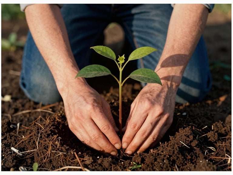 Close-up of hands planting a young tree sapling in rich soil, warm natural sunlight, documentary style