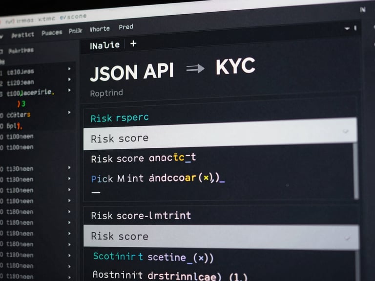 A high-fidelity technical diagram of a JSON API response payload, showcasing real-time KYC status, risk score, and instant limit assignment fields in a dark-themed code editor.