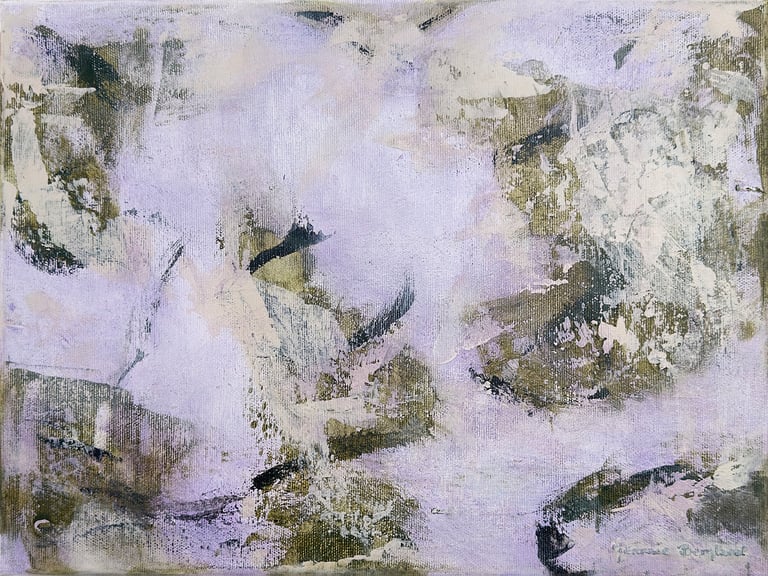 Photo of a painting in violet, cream and green hues with black brush strokes