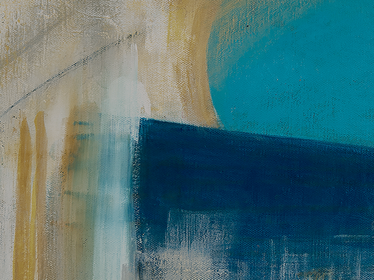 A close up of a painting in tan, blue and cerulean blue hues