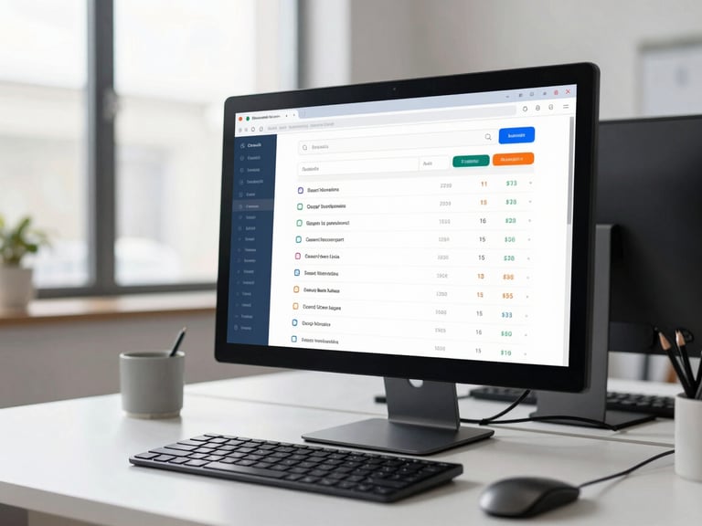 A clean modern office desk with a monitor displaying search engine optimization metrics and local search rankings, bright natural daylight, crisp focus