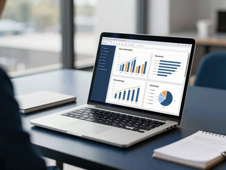 Professional workspace setup with a laptop showing marketing analytics, bright natural daylight, deep navy accents, crisp focus, professional editorial style