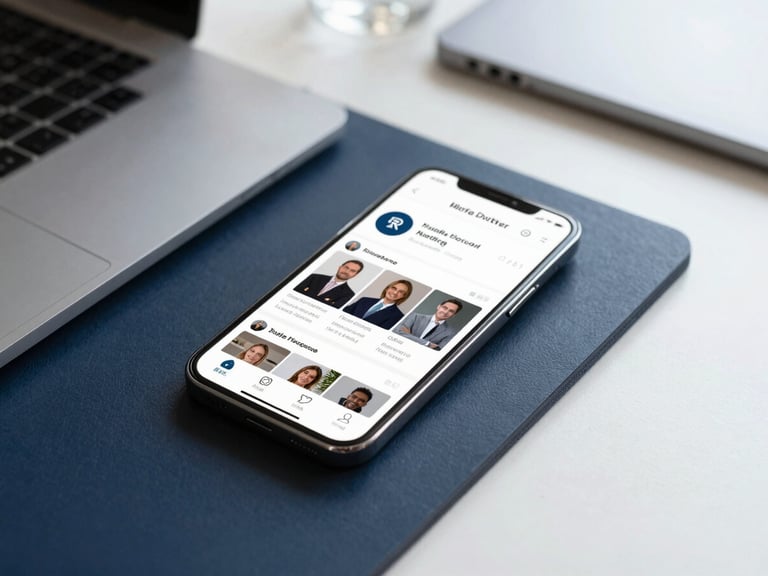 A smartphone displaying a clean, professional social media feed on a modern workspace desk, bright natural daylight, crisp focus
