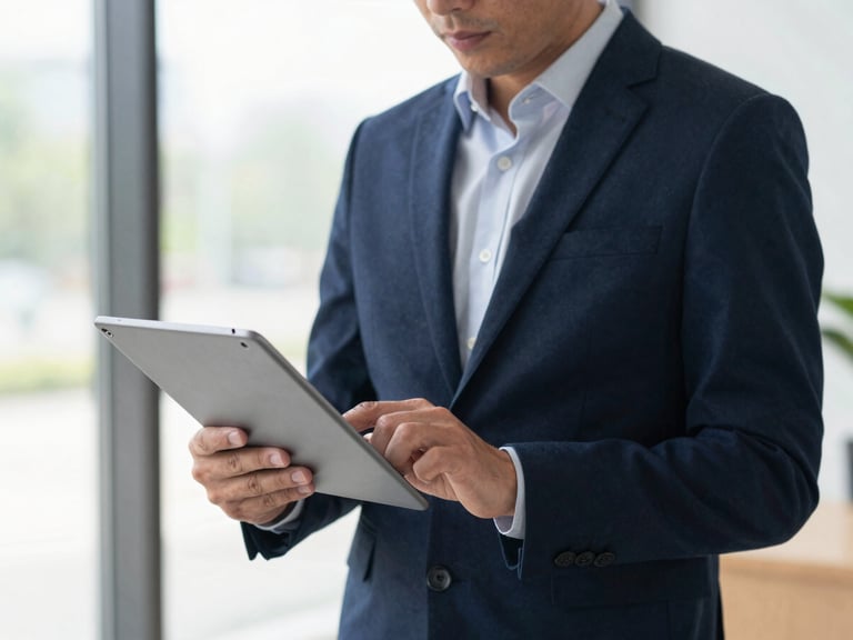A professional reviewing local business search performance on a tablet, bright natural light, professional editorial style