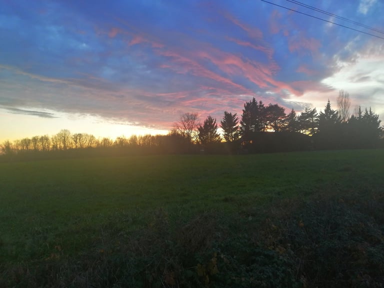 Coucher de soleil sur les champs autour de la ferme