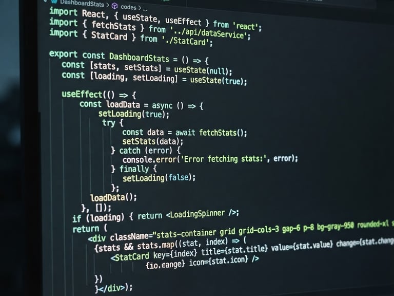 Macro close-up of a high-performance code editor showing clean, optimized React component on a dark screen, neon green syntax highlighting, sleek workspace, 35mm