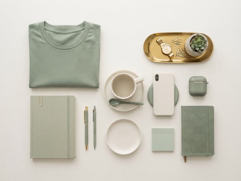 Top-down flat lay of organized business supplies, custom sage green apparel, and clean notebooks on a crisp off-white studio background, soft natural lighting.