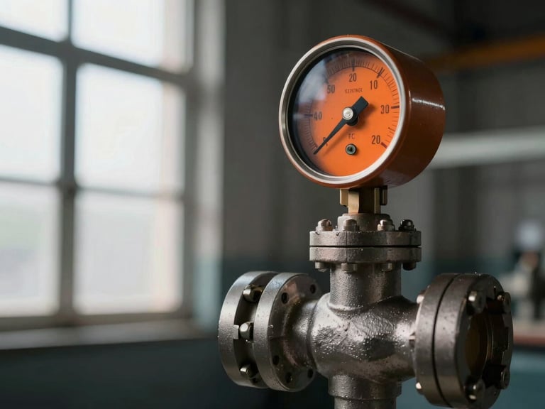 Close-up of a heavy cast iron pressure regulating valve with a clean orange gauge indicator, dramatic side light, 50mm lens