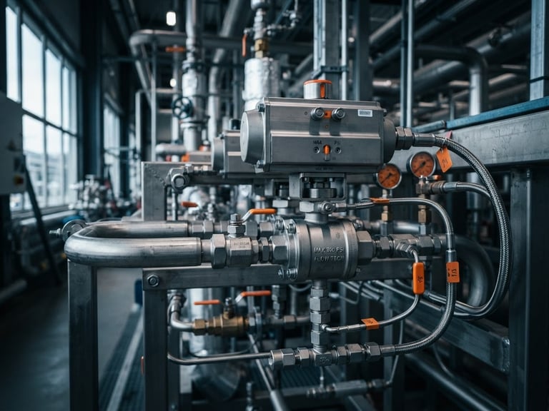 Macro shot of a heavy-duty stainless steel control valve manifold in a clean industrial mechanical room, dramatic lighting, cool steel tones, 50mm lens