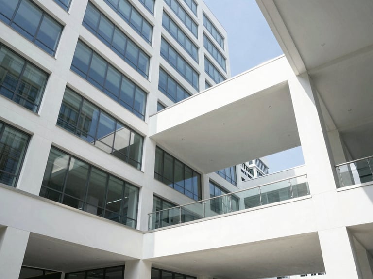 Bright architectural lines of a modern financial office building atrium, natural light, sharp focus, 35mm