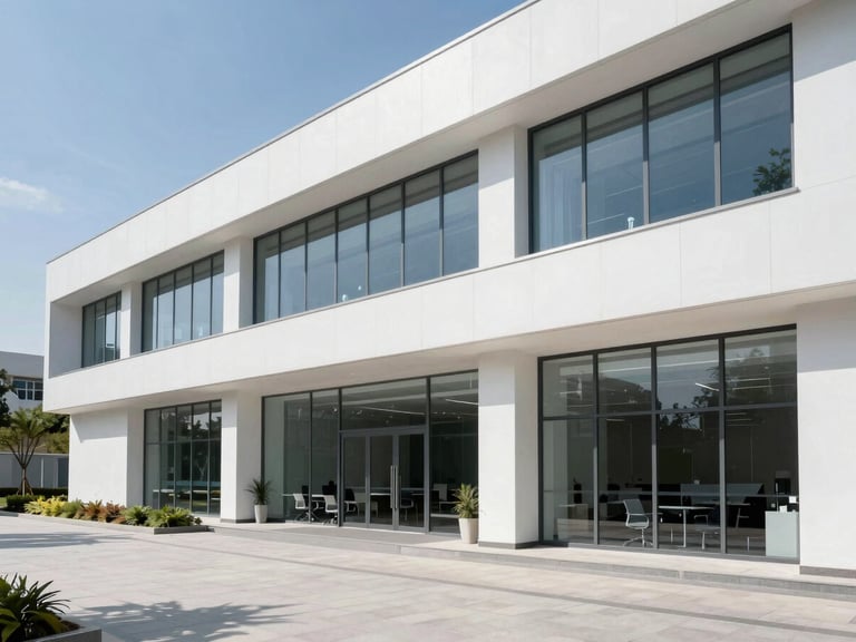 Wide environmental shot of a sunlit modern corporate office with clean architectural lines, natural daylight, professional 35mm