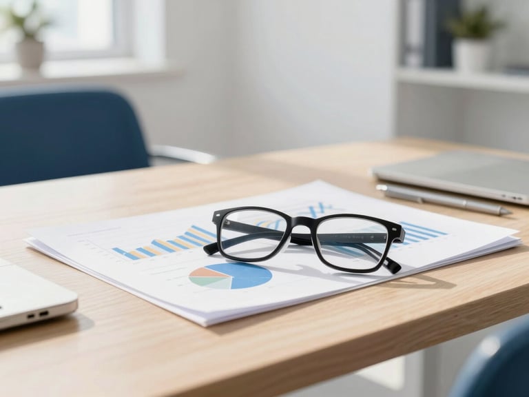 Focus on a clean wooden desk with financial charts and a pair of glasses, sunlit modern office interior, professional 35mm