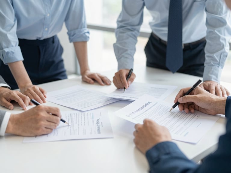 Collaborative planning session showing hands over documents, natural high-key daylight, bright corporate photography