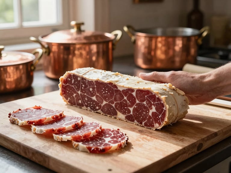 Artisanal preparation of traditional French terrines in a warm heritage kitchen, copper pots in the background, dramatic natural light, 35mm