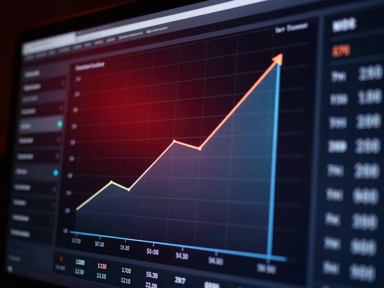 Premium dark-mode editorial photography of a marketing dashboard displaying upward revenue trends, glowing screen reflections, 35mm