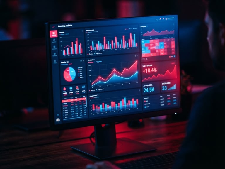 Premium dark-mode editorial photography, close-up of a high-end monitor displaying active marketing analytics with glowing red and blue light reflections, shallow depth of field, 35mm.