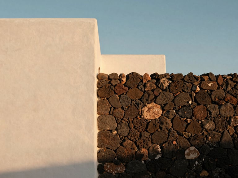 Architectural detail of a minimalist Canarian villa, volcanic stone wall meeting smooth plaster, soft golden-hour light casting long shadows, 35mm film aesthetic.