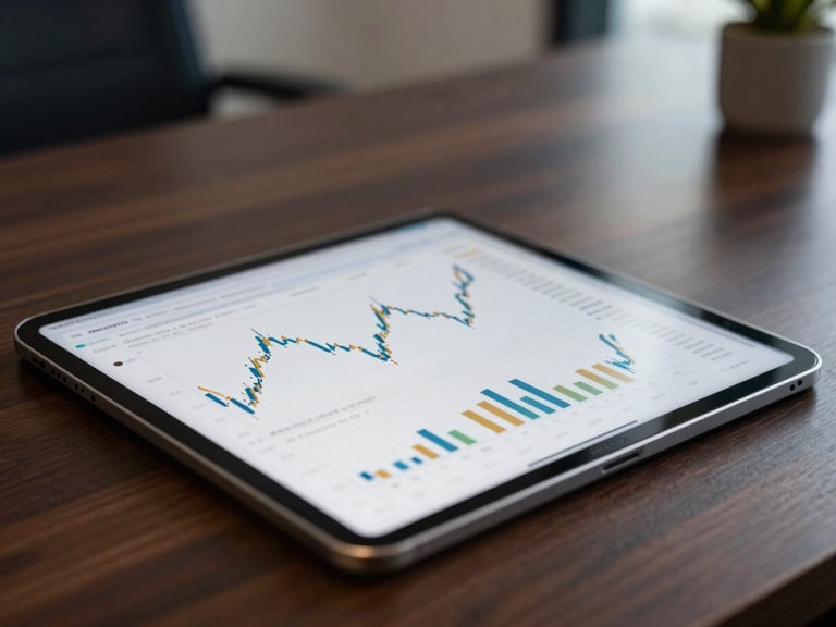 Close-up of a high-end tablet displaying clean financial charts on a dark wood executive desk, soft office lighting, shallow depth of field, 35mm
