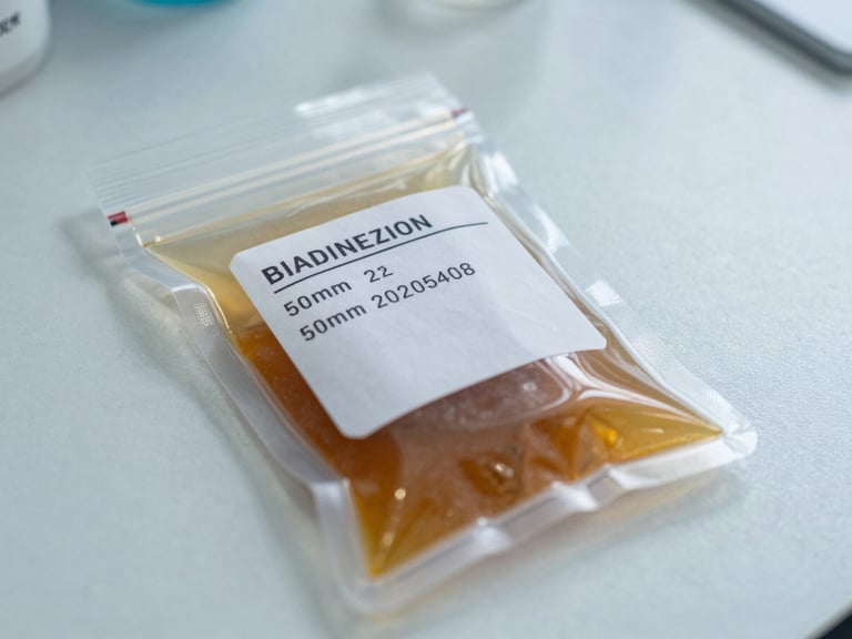 A close-up of a sealed sample bag labeled with a tracking number on a clean laboratory desk, cool overcast daylight
