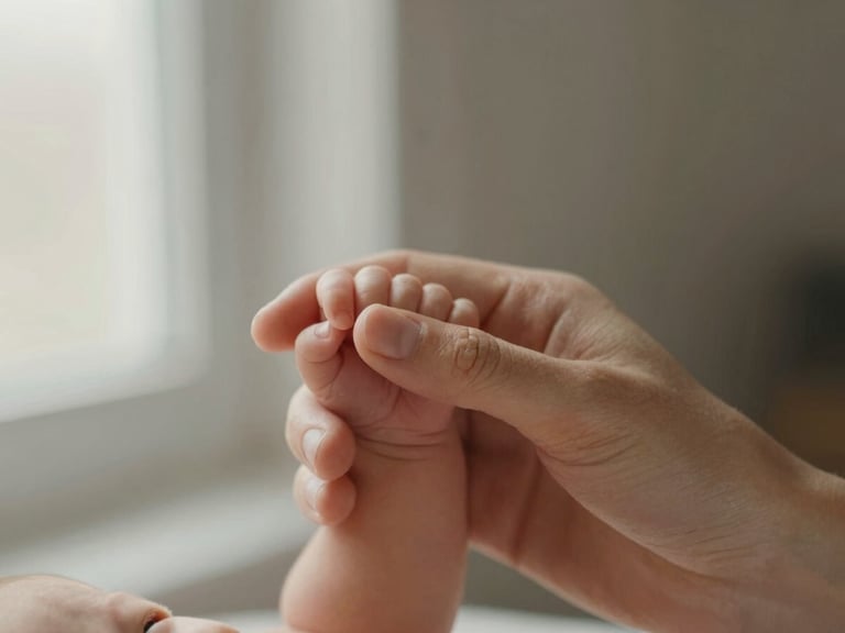 Close-up of a mother gently holding her newborn's hand, soft natural window light, muted earth tones, shallow depth of field.