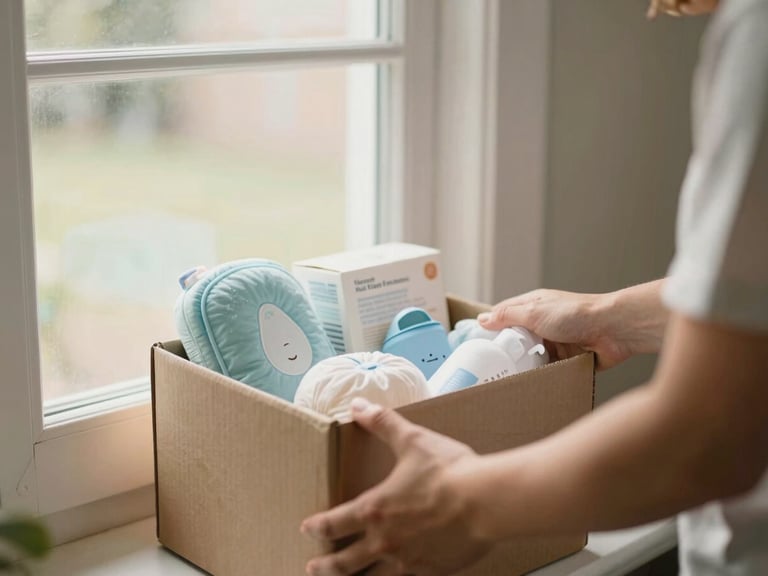 Community volunteer carefully placing a box of baby supplies at a doorstep, soft morning light, focus on the box, 35mm.