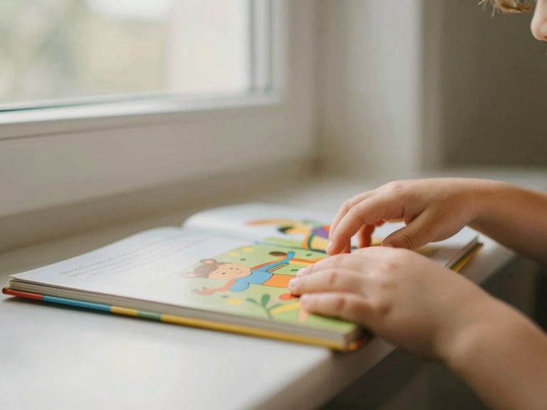 Child's hands reaching for a colorful picture book on a low shelf, warm natural light, shallow depth of field.