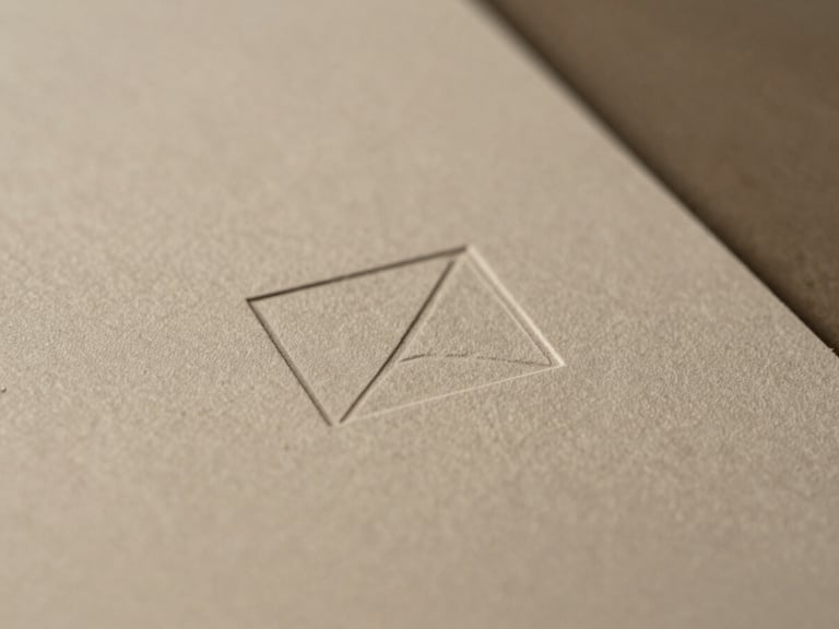 Close-up of premium embossed tactile paper with a subtle debossed geometric mark, soft shadows, warm editorial aesthetic, shallow depth of field
