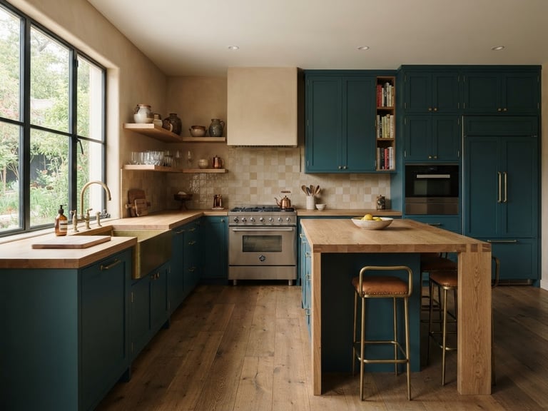 Wide architectural interior photography of a modern kitchen with custom deep teal cabinetry, soft natural window light streaming from the left, warm sand-toned walls, highly detailed wood joints.