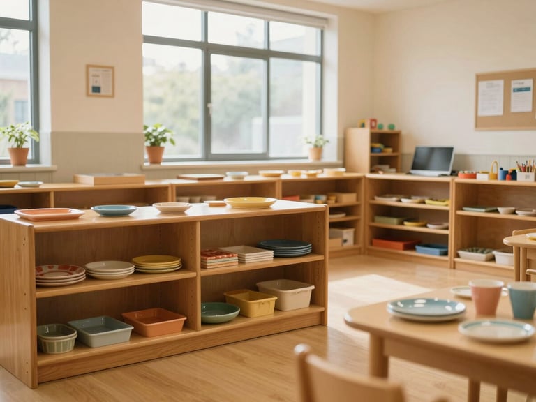Wide environmental shot of the Montessori classroom from child's eye level: low wooden shelves with neatly arranged materials, natural light from a large north-facing window, warm beige walls, no people. A small table set with ceramic plates and cups visible in the foreground. Calm, ordered, honest.