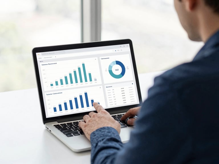 Over-the-shoulder view of a strategist analyzing clean revenue dashboards on a laptop, bright natural window light, navy and slate tones, shallow depth of field, 50mm