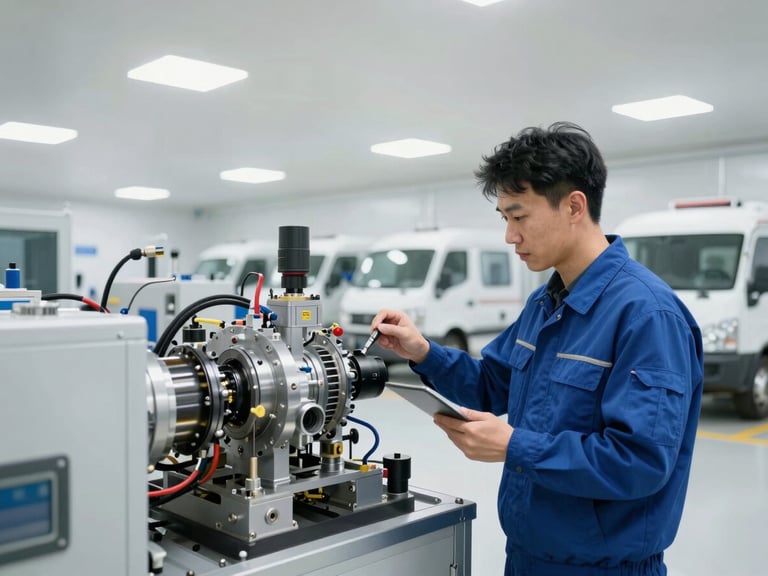 Professional technician in uniform inspecting a complex mechanical system in a clean commercial building, bright high-key indoor lighting, sharp focus.