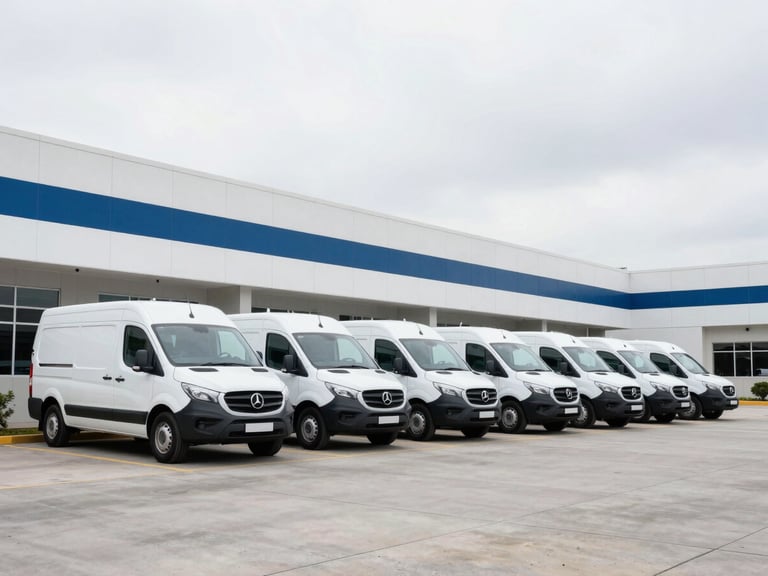 Branded Signature Management Group fleet vehicle parked outside a modern commercial building, bright overcast daylight, wide environmental shot.