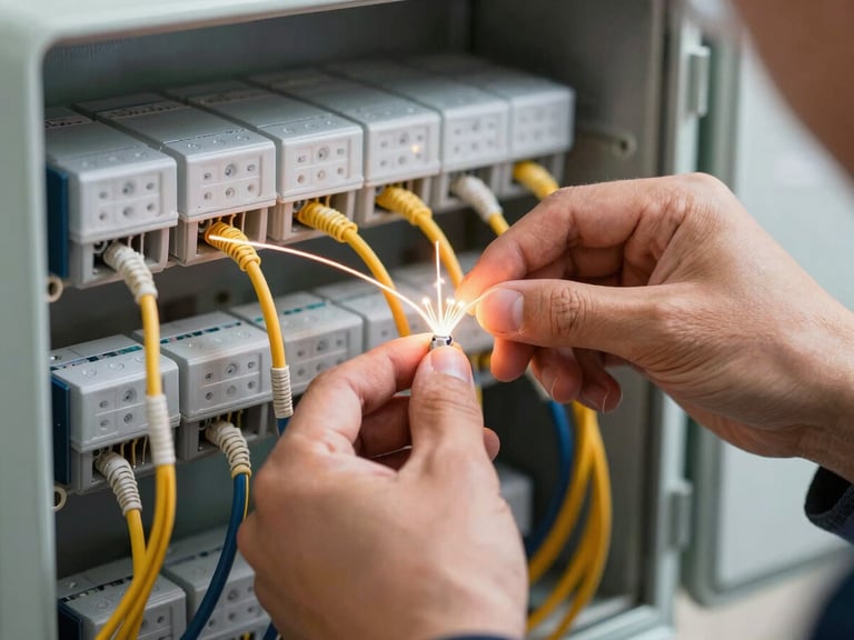 A local technician neatly arranging fiber optic cables inside a neighborhood distribution box, professional and precise