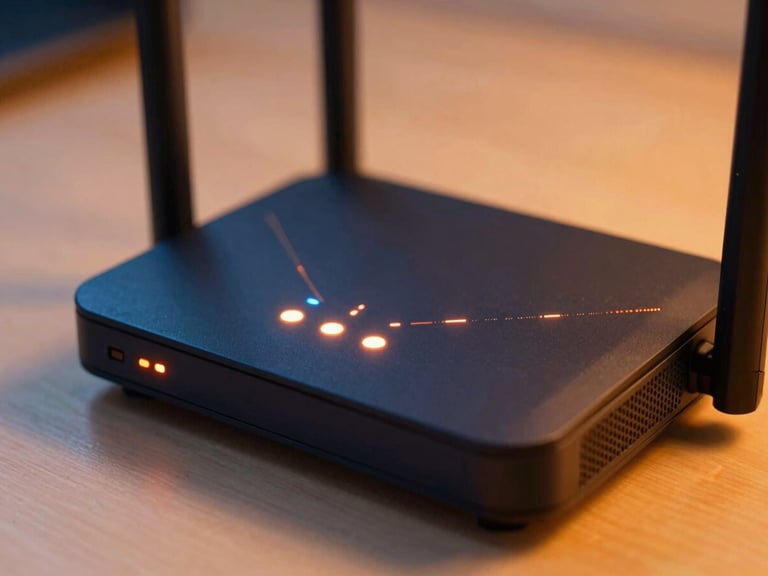 Close-up of a modern high-performance Wi-Fi router with glowing status lights on a minimalist desk, warm ambient lighting