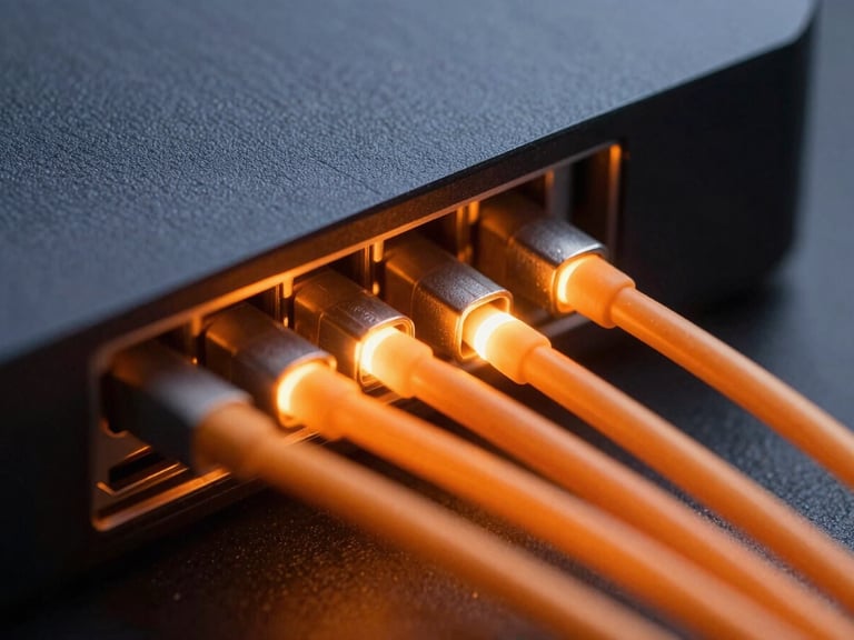 Macro shot of physical glowing orange fiber-optic cables pulsing with light inside a sleek modern router housing, dark slate background, sharp tech photography