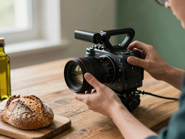 Behind-the-scenes shot of a photographer's hands adjusting a cinema camera lens over a rustic table setting with artisanal bread and olive oil, soft natural light