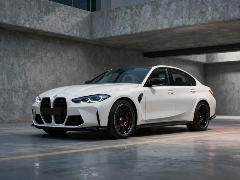 Low-angle wide shot of a pristine white BMW M3 Competition parked in a modern, clean concrete garage, dramatic lighting emphasizing metallic body lines, cool metallic tones, 35mm lens.