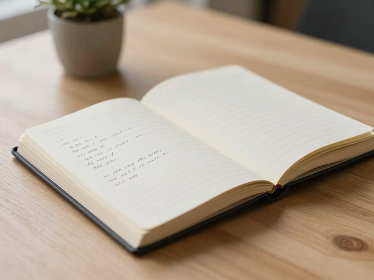 Close-up of open notebook with handwritten notes on a light wooden table, soft diffused daylight from the left, a small plant partially visible in the background, calm and focused atmosphere, no people visible