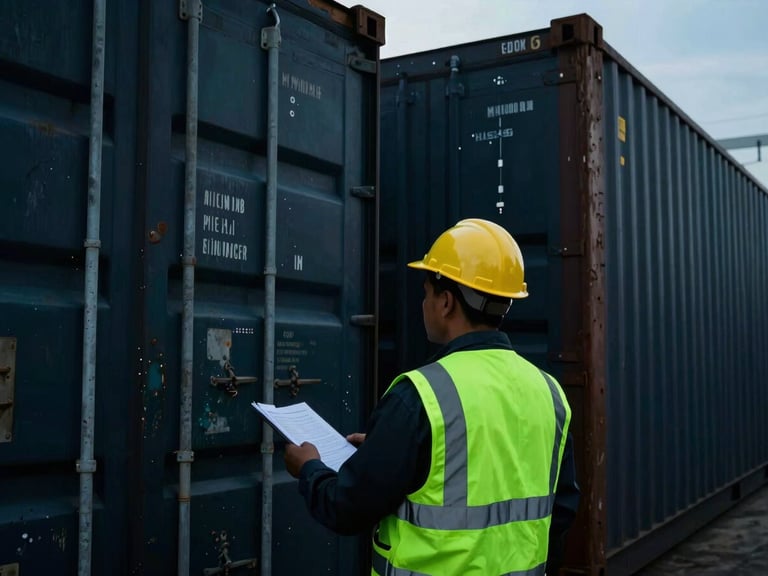 Close-up of a maritime quality inspector checking heavy industrial steel cargo containers at a dark Gujarat harbor, neon green safety accents, cinematic backlighting