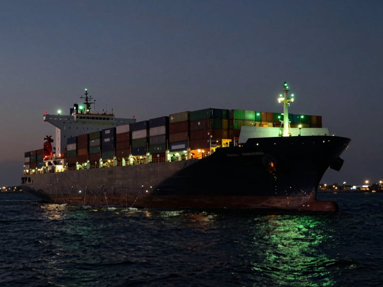 Wide-angle anamorphic shot of a massive container ship at dusk, dramatic harbor lighting, glowing green navigation lights, deep black water.
