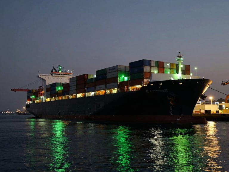 Ultra-wide cinematic view of a massive container ship docked at an international seaport at dusk, glowing green navigation lights reflecting off the dark water, anamorphic lens.
