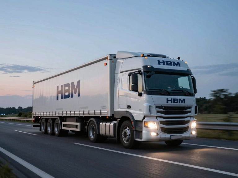 Wide environmental shot of an HBM-branded heavy semi-trailer truck driving on a European highway at twilight, high contrast headlights, motion blur, industrial precision feel