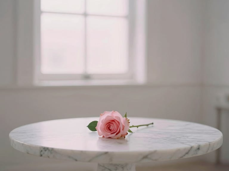 A minimalist serene spiritual space with a marble table, a single pink rose, and soft glowing light from a window, ethereal fine-art photography, 35mm