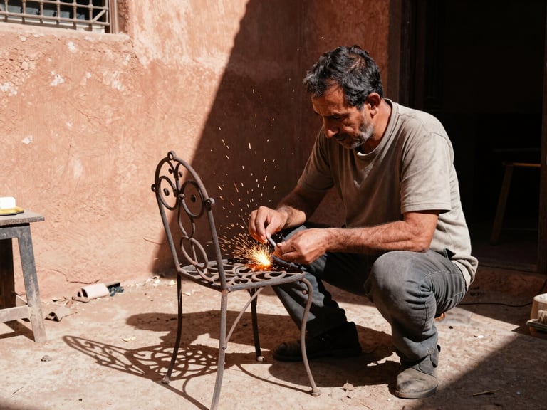 A master artisan detailing a wrought iron chair frame in a sun-drenched Marrakech workshop, sparks and harsh courtyard light, 35mm