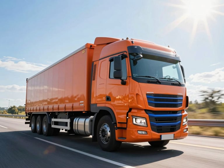 Dynamic low-angle shot of a modern freight truck in motion on a sunlit highway, bright morning sun creating sharp lens flares, vivid orange cab, electric blue accents, wide-angle motion blur.
